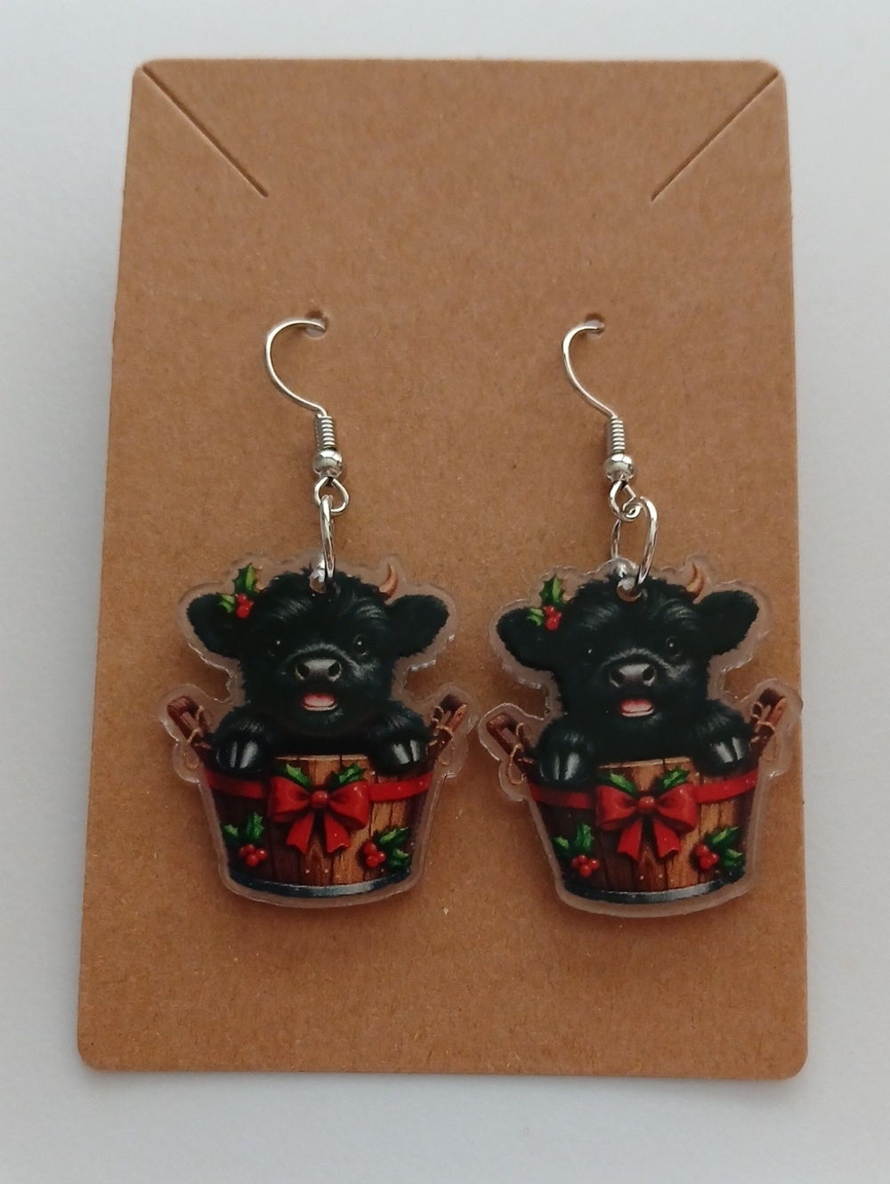 Black Cow in Festive Bucket Kids Earrings
